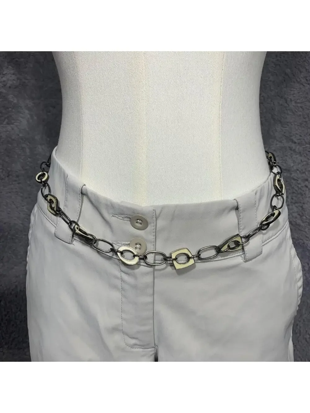 Vintage Silver Tone Chain Belt with Cream Enamel Accents, Adjustable Link Chain
